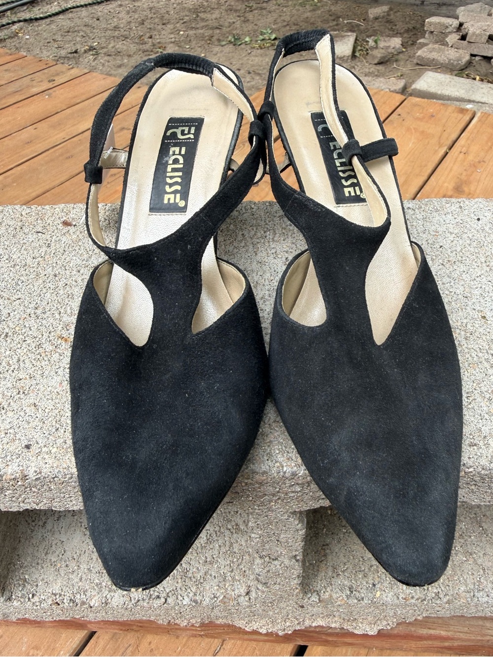 vintage Eclisse black suede slingback pumps